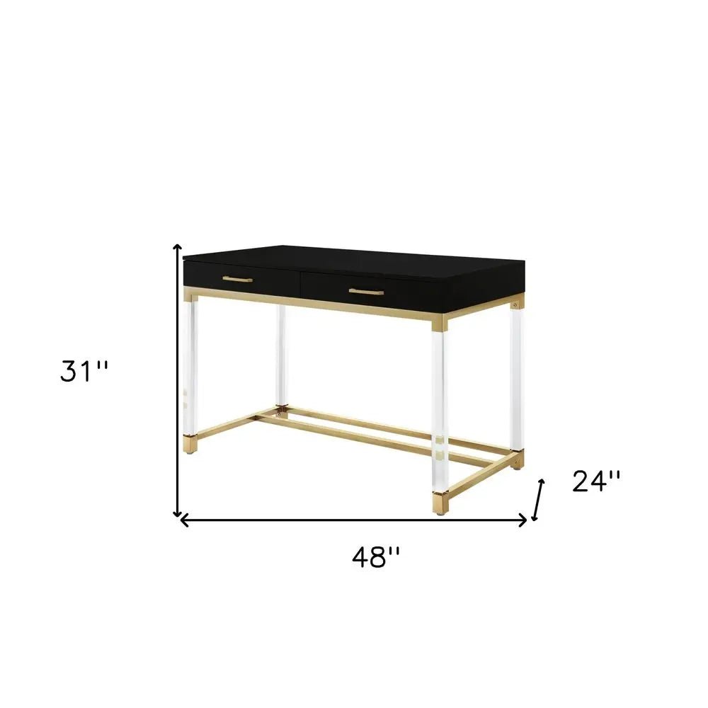 48" Black Clear and Gold Wood Acrylic and Stainless Steel Writing Desk With Two Drawers - NOBLE HOME INTERIORS
