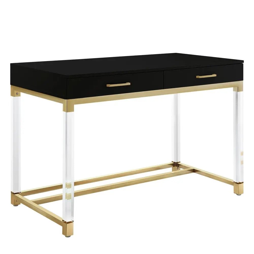 48" Black Clear and Gold Wood Acrylic and Stainless Steel Writing Desk With Two Drawers - NOBLE HOME INTERIORS