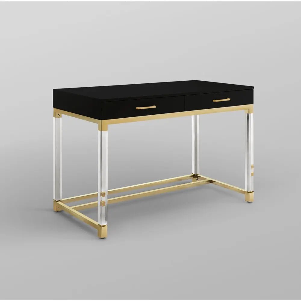 48" Black Clear and Gold Wood Acrylic and Stainless Steel Writing Desk With Two Drawers - NOBLE HOME INTERIORS