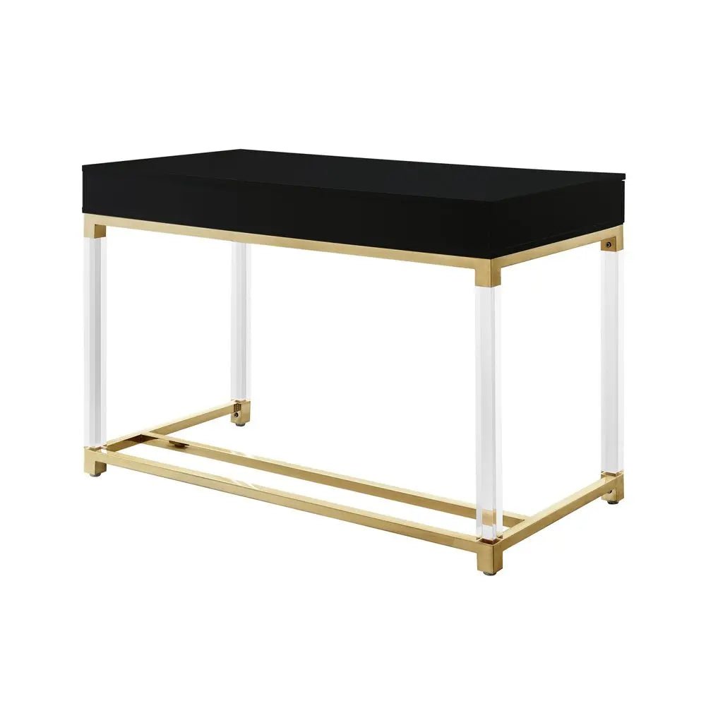 48" Black Clear and Gold Wood Acrylic and Stainless Steel Writing Desk With Two Drawers - NOBLE HOME INTERIORS