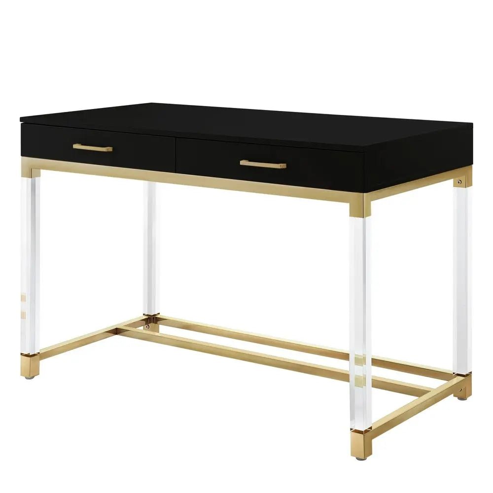 48" Black Clear and Gold Wood Acrylic and Stainless Steel Writing Desk With Two Drawers - NOBLE HOME INTERIORS