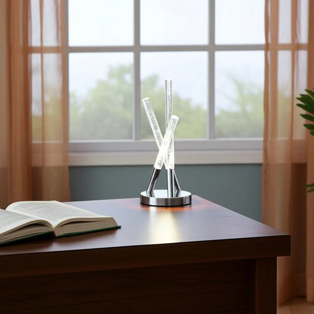 15" Silver Acrylic and Metal Three Rod Abstract  Table Lamp HomeRoots