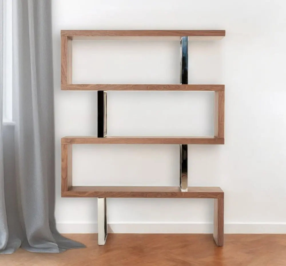 67" Walnut Manufactured Wood Four Tier Zig Zag Bookcase HomeRoots