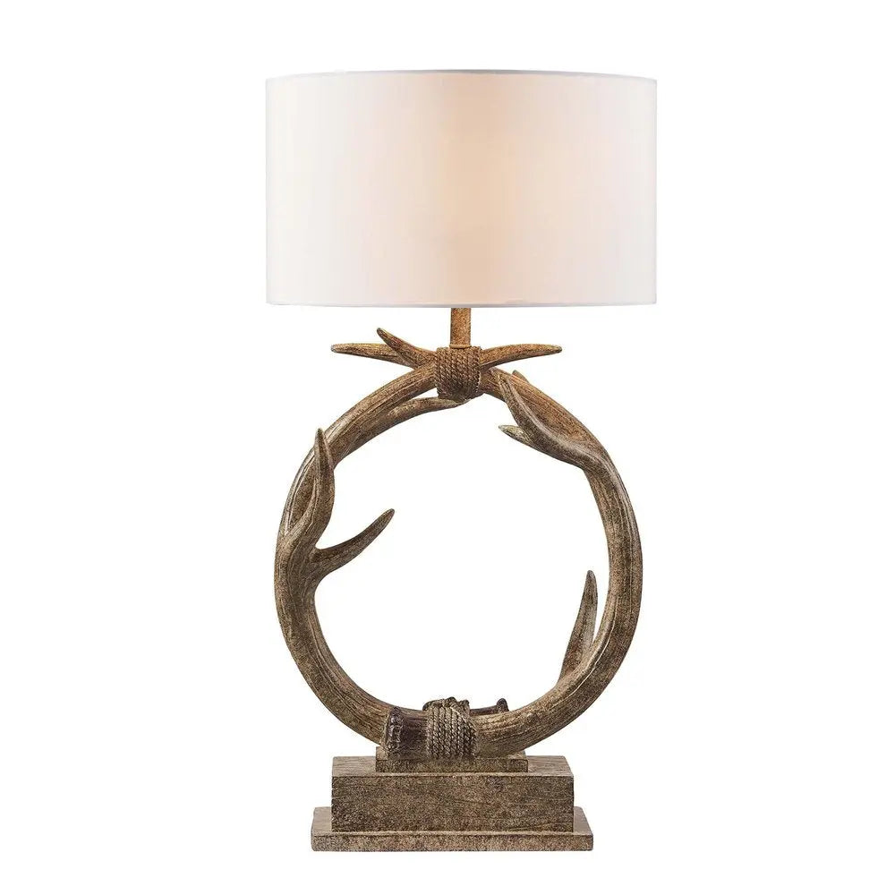27" Brown Rustic Faux Antlers Table Lamp With White Drum Shade HomeRoots