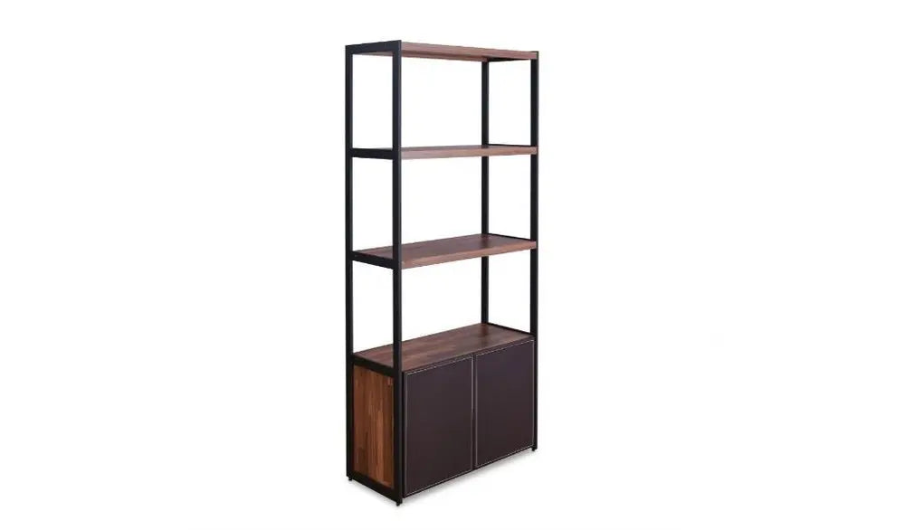 Brown And Black Metal Three Tier Bookcase with Two Doors HomeRoots