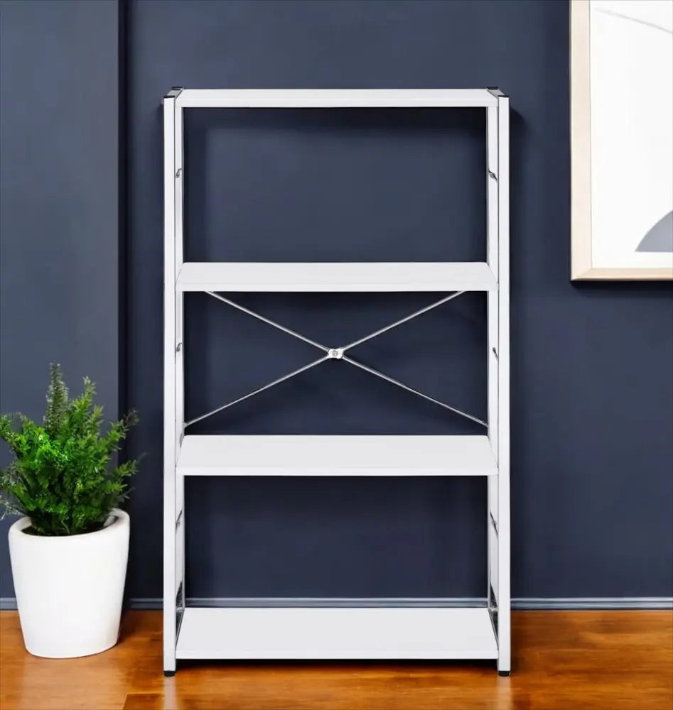 42" White And Silver Metal and Wood Four Tier Etagere Bookcase HomeRoots