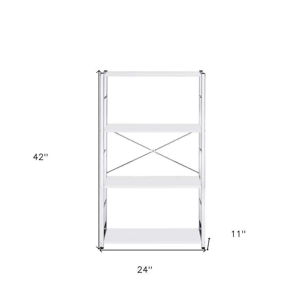42" White And Silver Metal and Wood Four Tier Etagere Bookcase HomeRoots