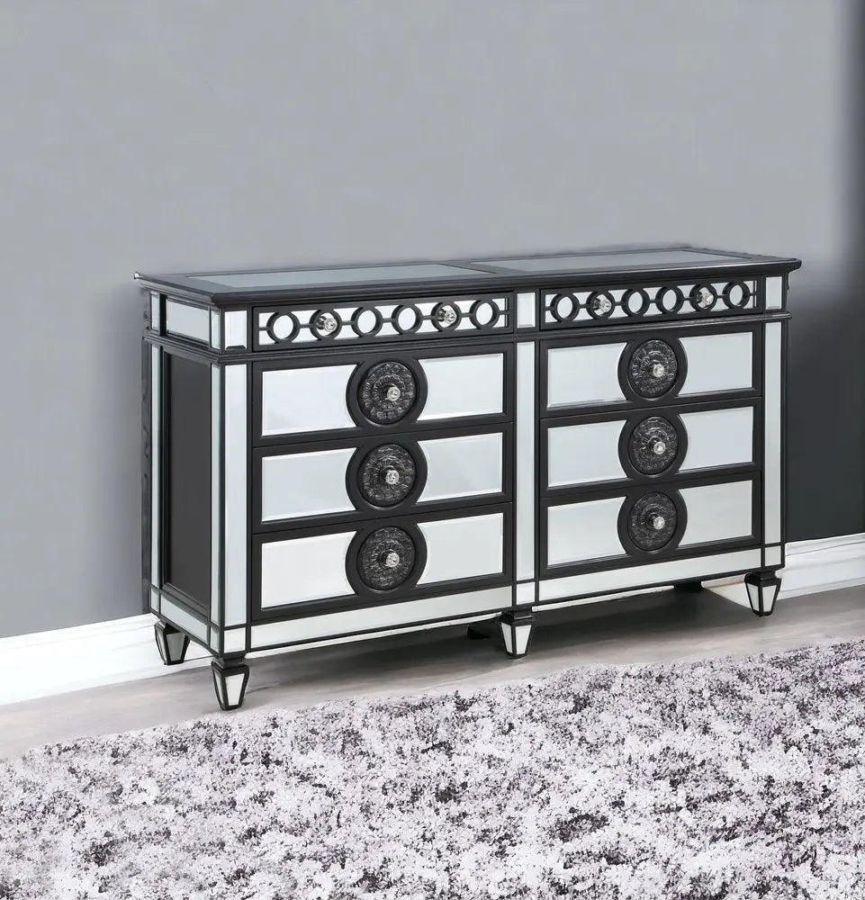 68" Black and Silver Solid and Manufactured Wood Mirrored Eight Drawer Double Dresser HomeRoots