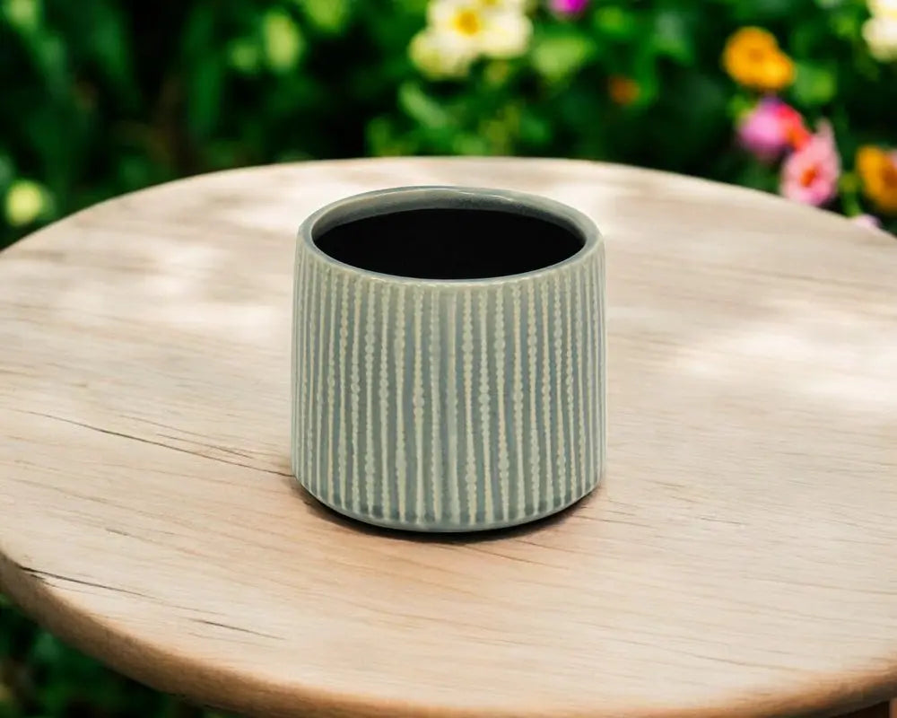 6" Green Striped Ceramic Indoor Outdoor Round Pot Planter HomeRoots