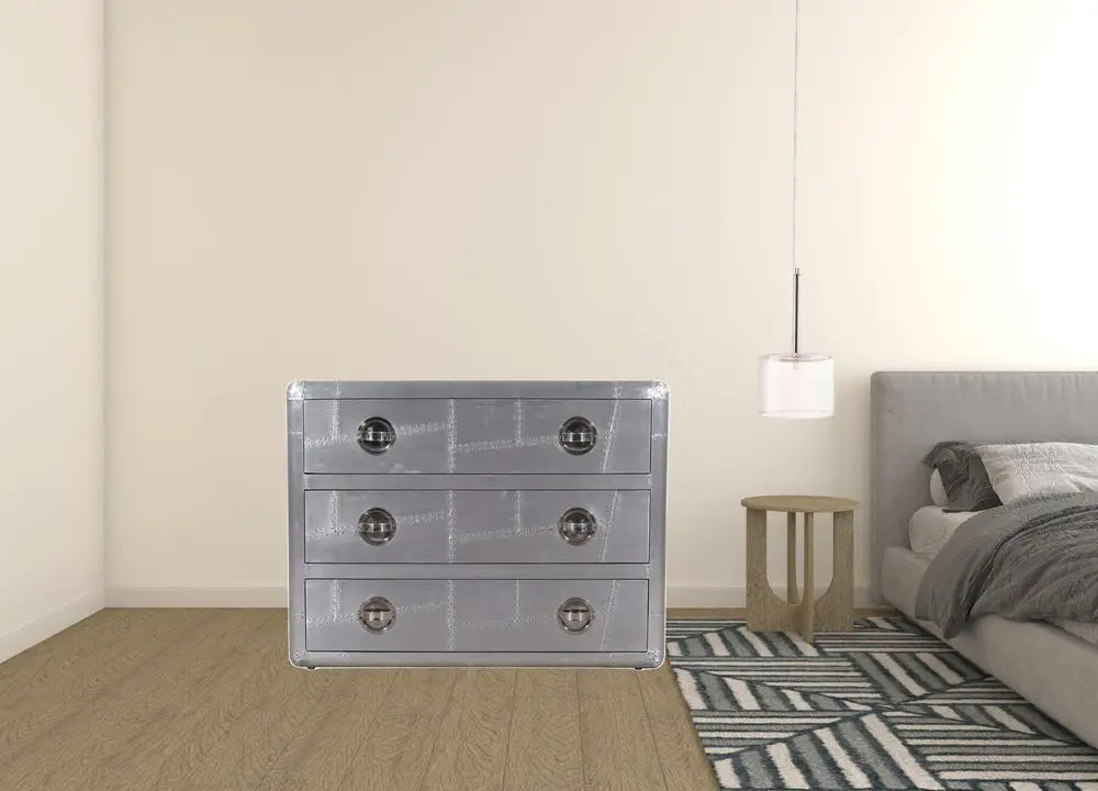 42" Silver Aluminum Three Drawer Dresser HomeRoots