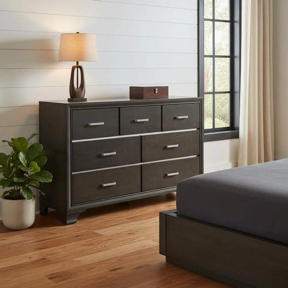 58" Gray Solid and Manufactured Wood Seven Drawer Triple Dresser HomeRoots