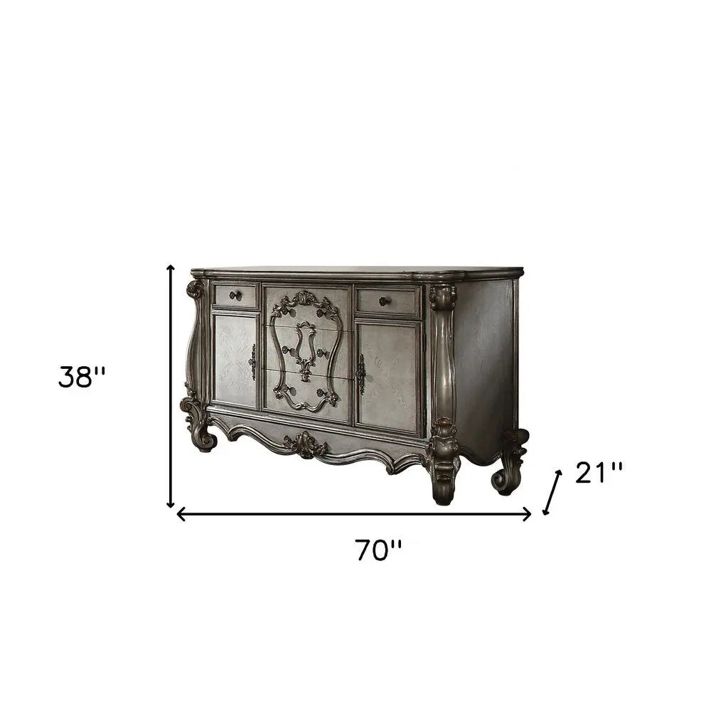 70" Platinum Carved Scrollwork Wood And Polyresin Five Drawer Triple Dresser HomeRoots