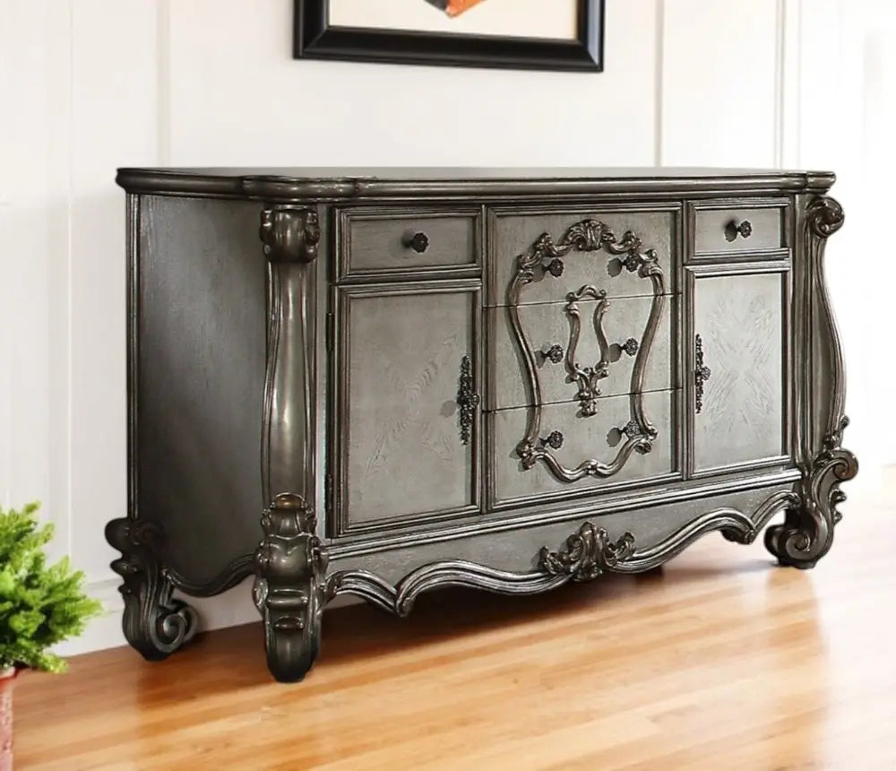 70" Platinum Carved Scrollwork Wood And Polyresin Five Drawer Triple Dresser HomeRoots