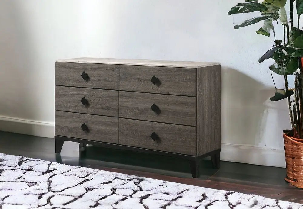 61" Gray Solid and Manufactured Wood Six Drawer Double Dresser HomeRoots
