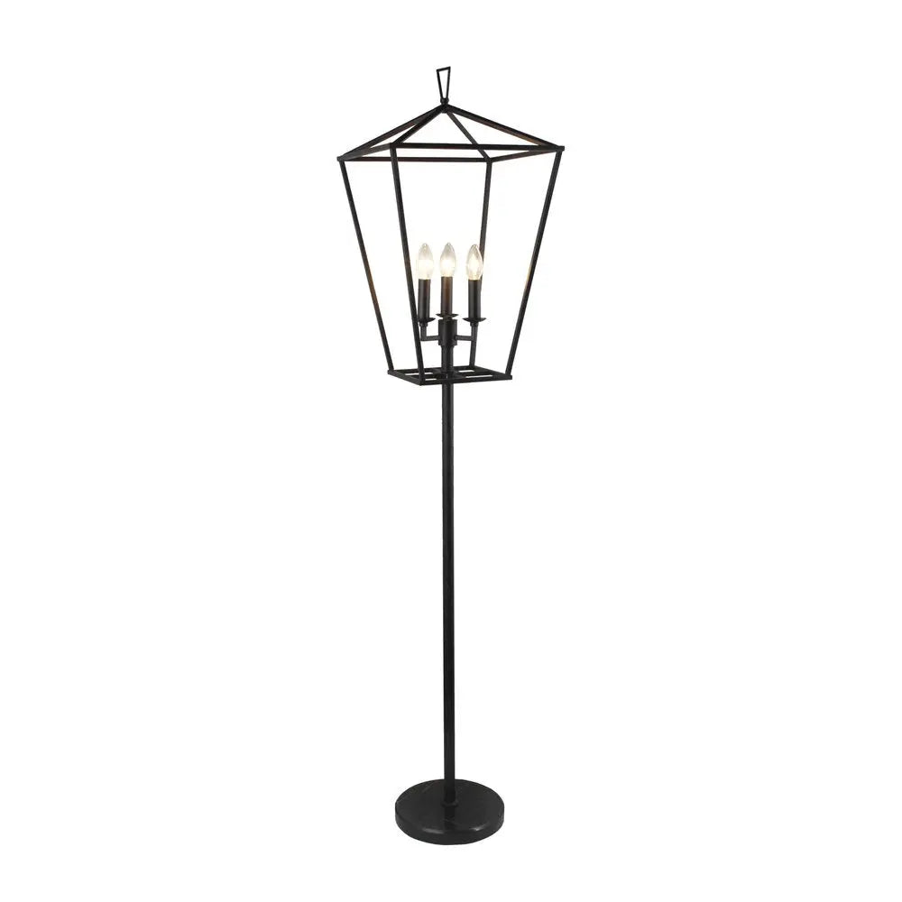 64" Black Three Light Floor Lamp With Black Geometric Shade HomeRoots