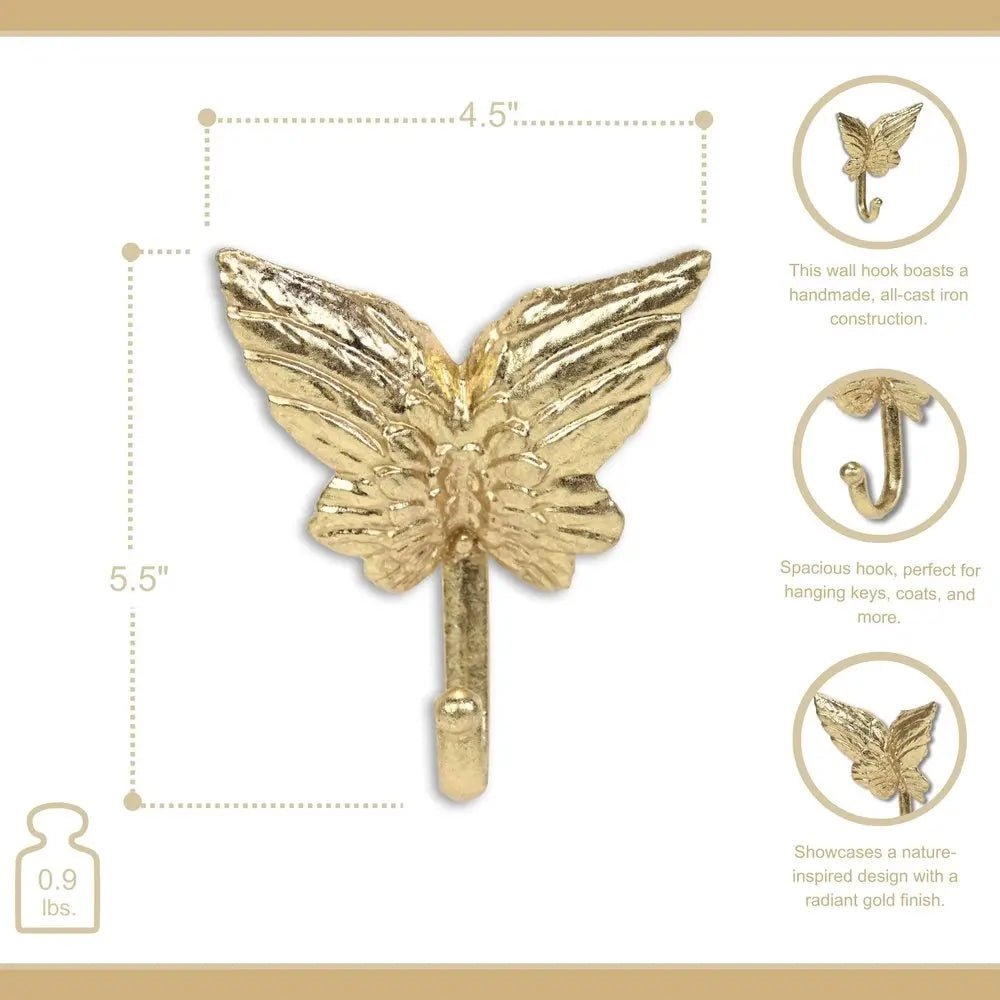 5" Gold Cast Iron Butterfly Wall Hook - NOBLE HOME INTERIORS