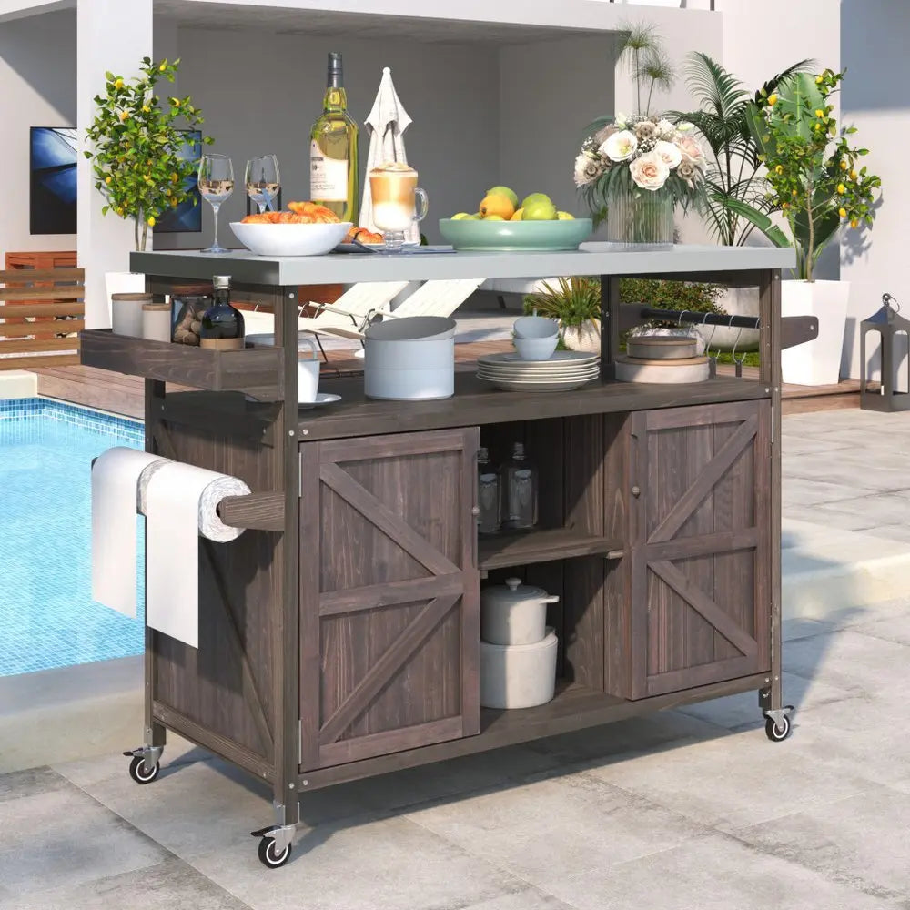 50" Brown Wood Barn Door Rolling Kitchen Island With Storage - NOVA HOME FURNITURE