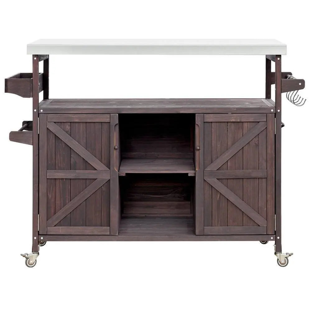 50" Brown Wood Barn Door Rolling Kitchen Island With Storage - NOVA HOME FURNITURE
