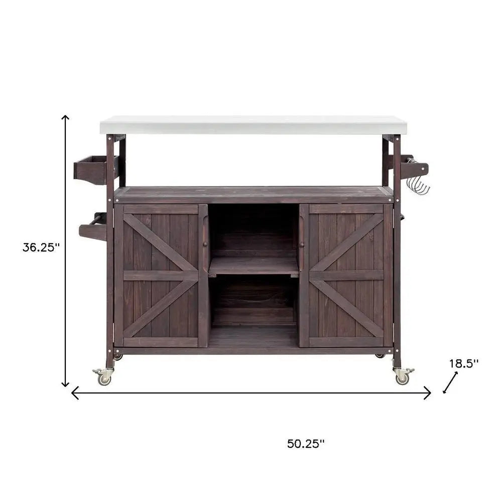 50" Brown Wood Barn Door Rolling Kitchen Island With Storage - NOVA HOME FURNITURE
