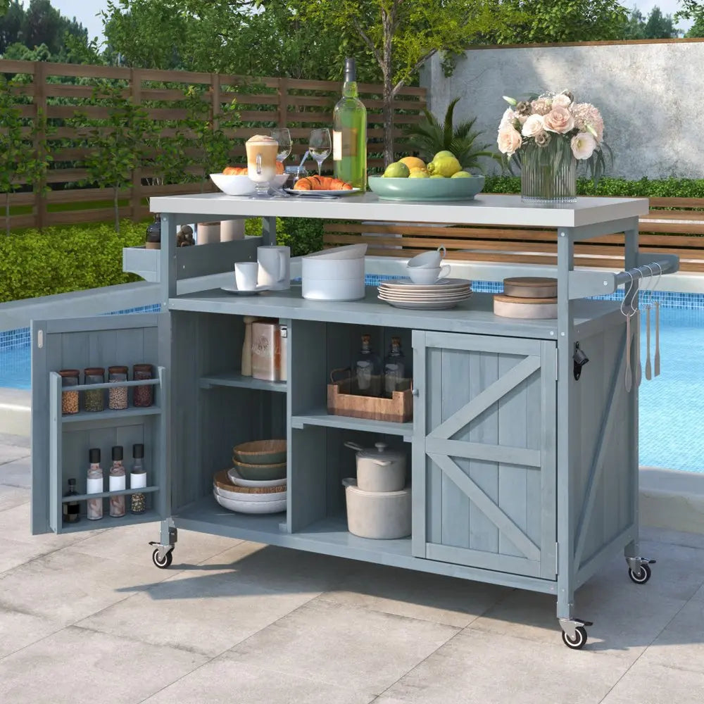 50" Light Blue Wood Barn Door Rolling Kitchen Island With Storage - NOVA HOME FURNITURE