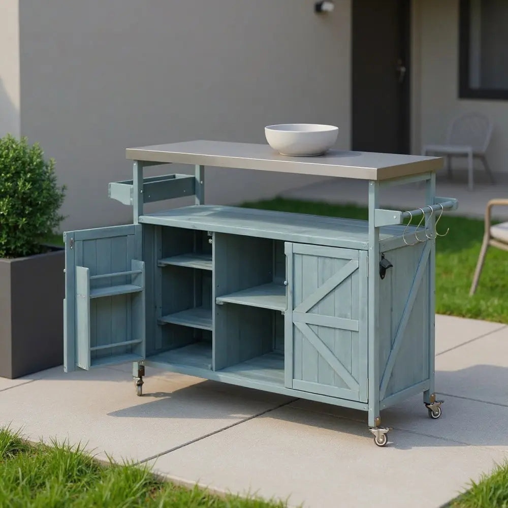 50" Light Blue Wood Barn Door Rolling Kitchen Island With Storage - NOVA HOME FURNITURE