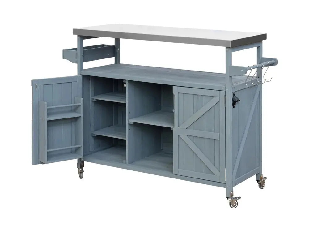 50" Light Blue Wood Barn Door Rolling Kitchen Island With Storage - NOVA HOME FURNITURE