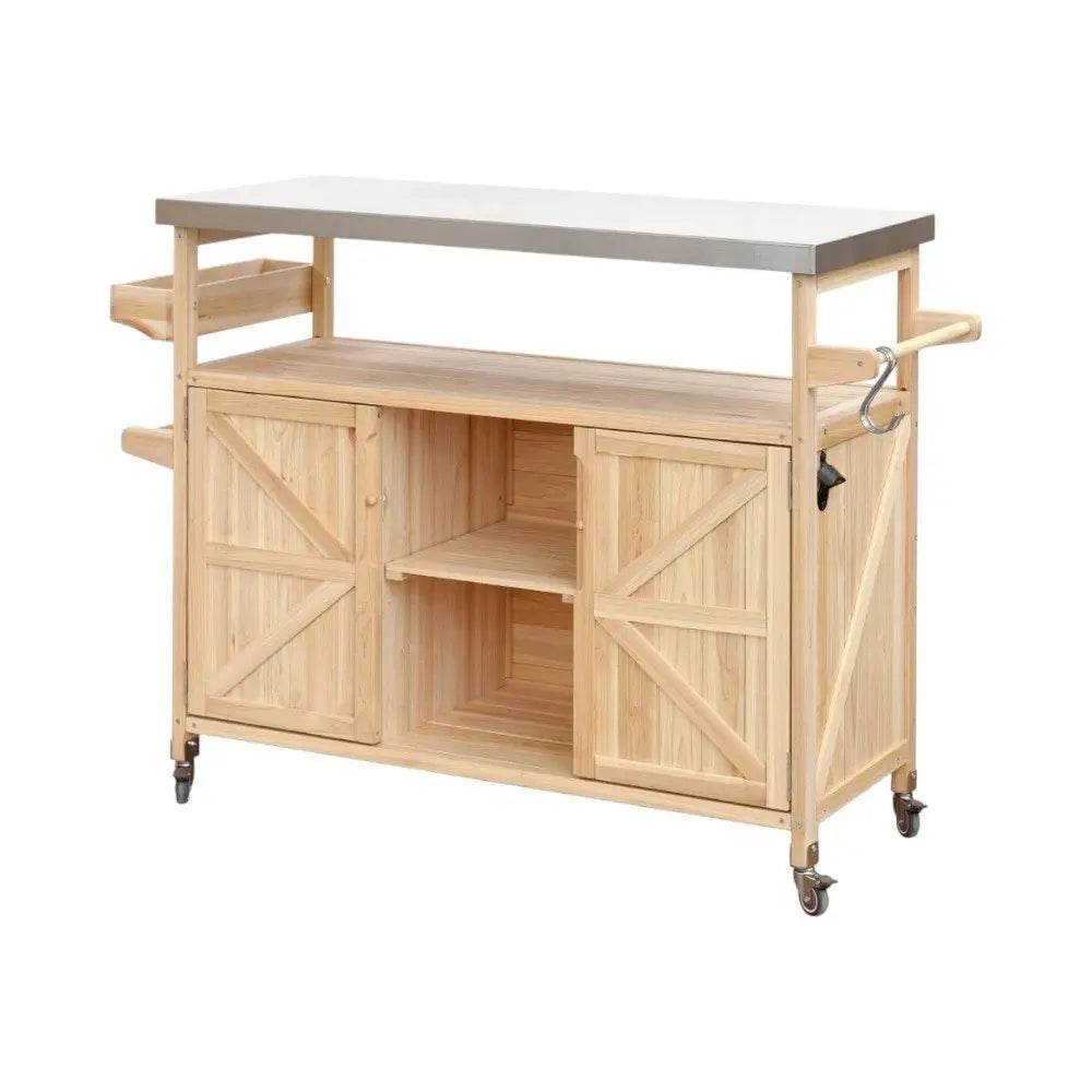 50" Natural Wood Barn Door Rolling Kitchen Island With Storage - NOVA HOME FURNITURE