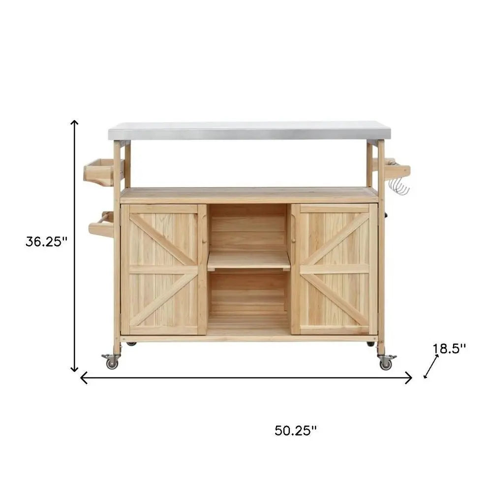 50" Natural Wood Barn Door Rolling Kitchen Island With Storage - NOVA HOME FURNITURE