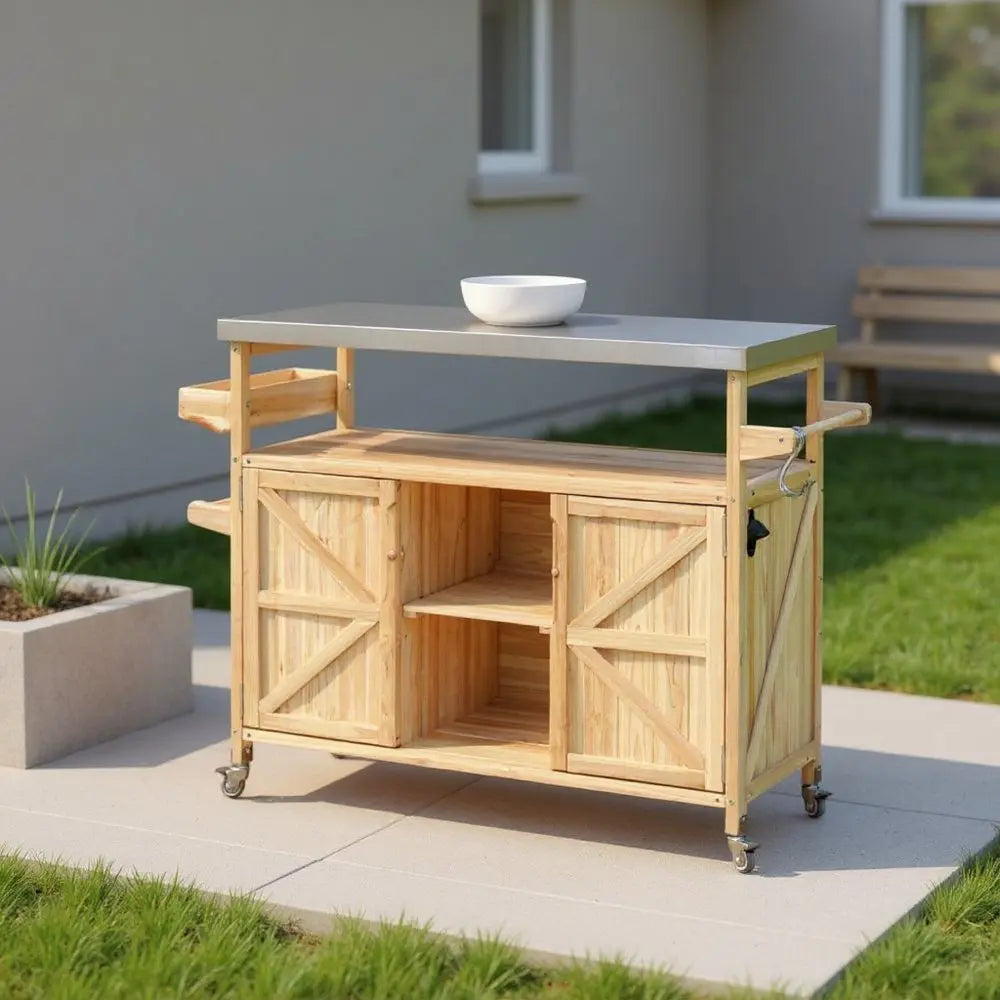 50" Natural Wood Barn Door Rolling Kitchen Island With Storage - NOVA HOME FURNITURE