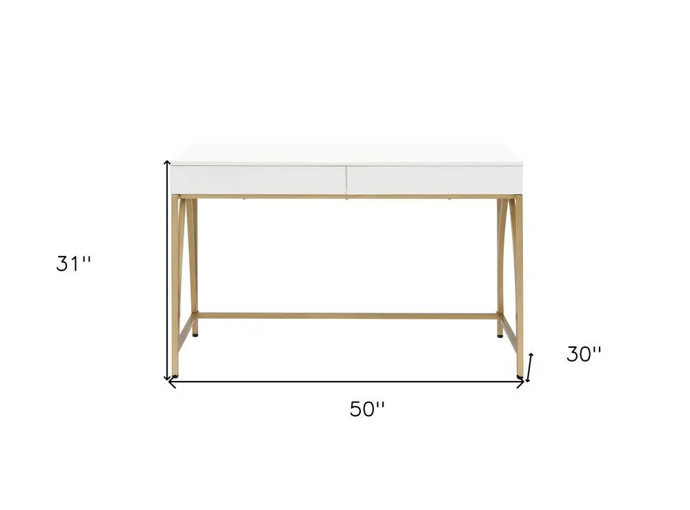 50" White and Gold Writing Desk With Two Drawers - NOBLE HOME INTERIORS