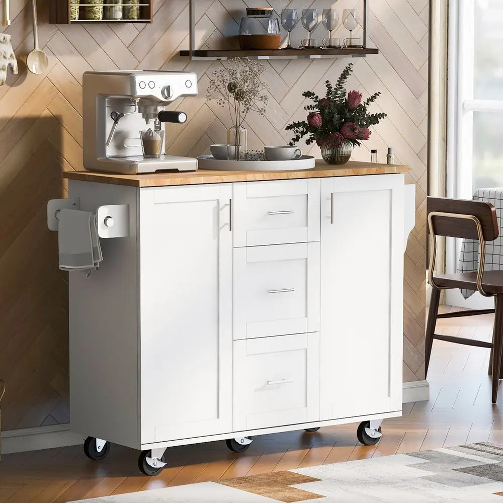 50" White Wood Barn Door Rolling Kitchen Island - NOVA HOME FURNITURE