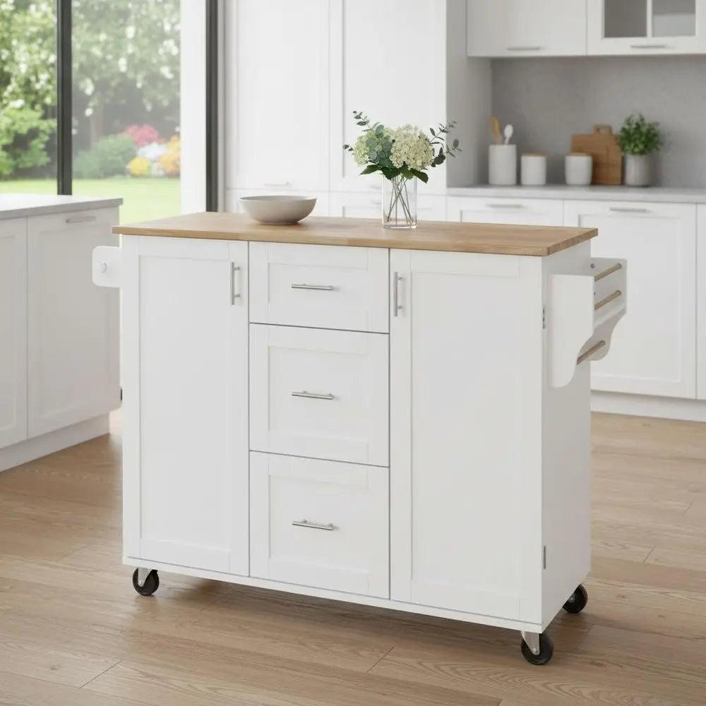 50" White Wood Barn Door Rolling Kitchen Island - NOVA HOME FURNITURE
