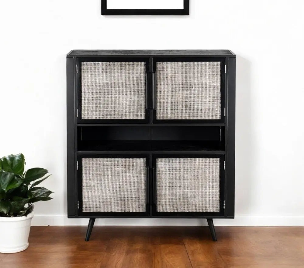 51" Black And Natural Wood And Rattan Accent Cabinet - NOVA HOME FURNITURE