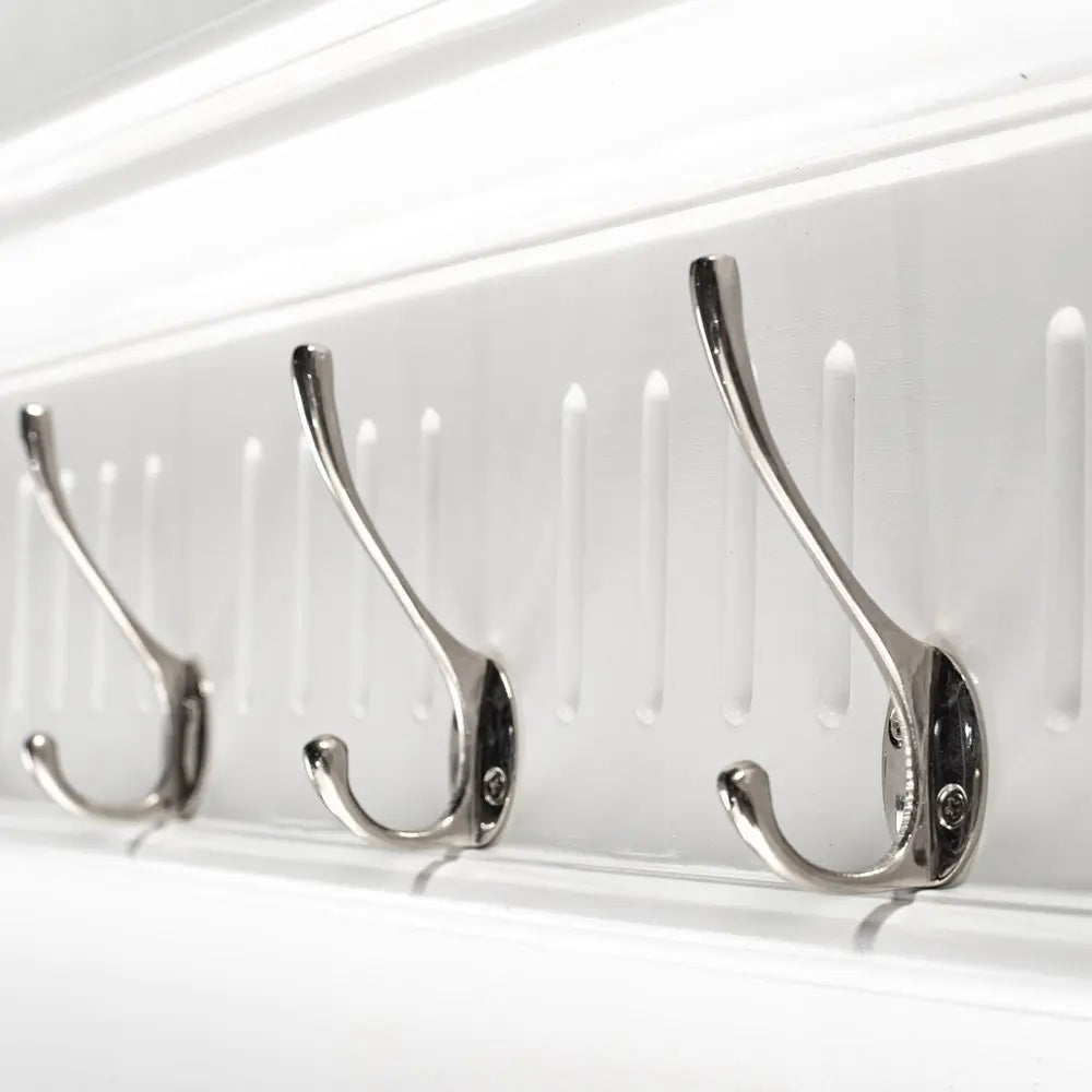 51" White Solid Wood Eight Hook Wall Mount Coat Rack - NOBLE HOME INTERIORS