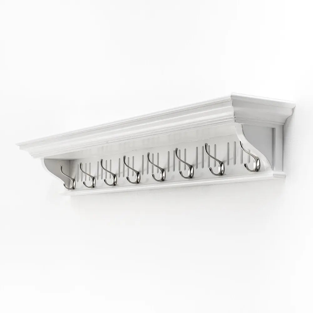 51" White Solid Wood Eight Hook Wall Mount Coat Rack - NOBLE HOME INTERIORS