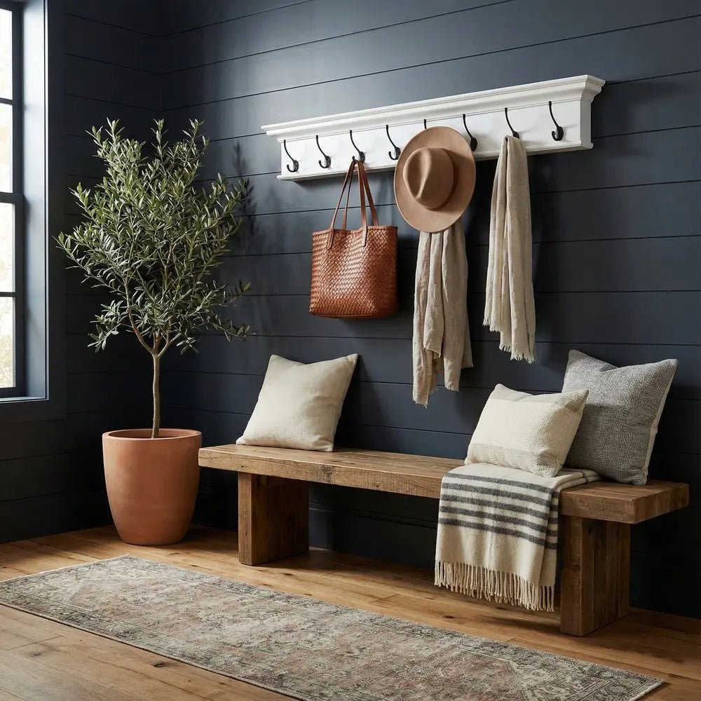 51" White Solid Wood Eight Hook Wall Mount Coat Rack - NOBLE HOME INTERIORS