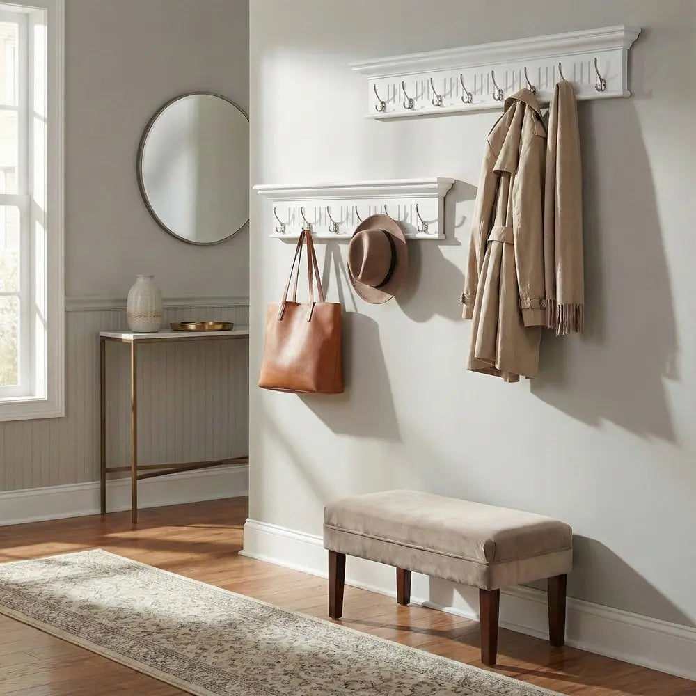 51" White Solid Wood Eight Hook Wall Mount Coat Rack - NOBLE HOME INTERIORS