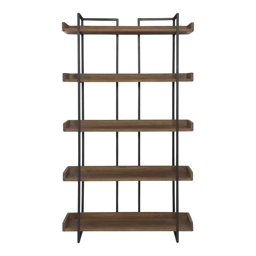 75" Brown and Black Metal and Wood Five Tier Bookcase HomeRoots
