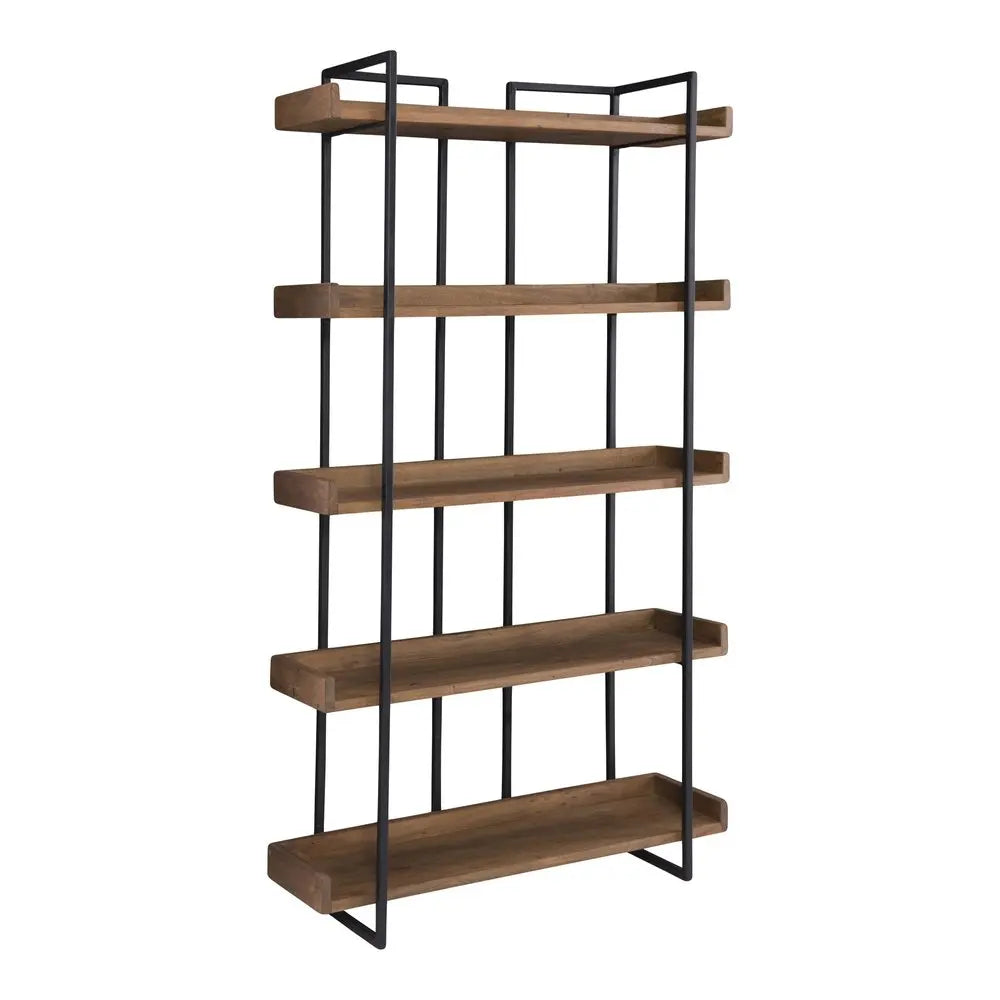 75" Brown and Black Metal and Wood Five Tier Bookcase HomeRoots