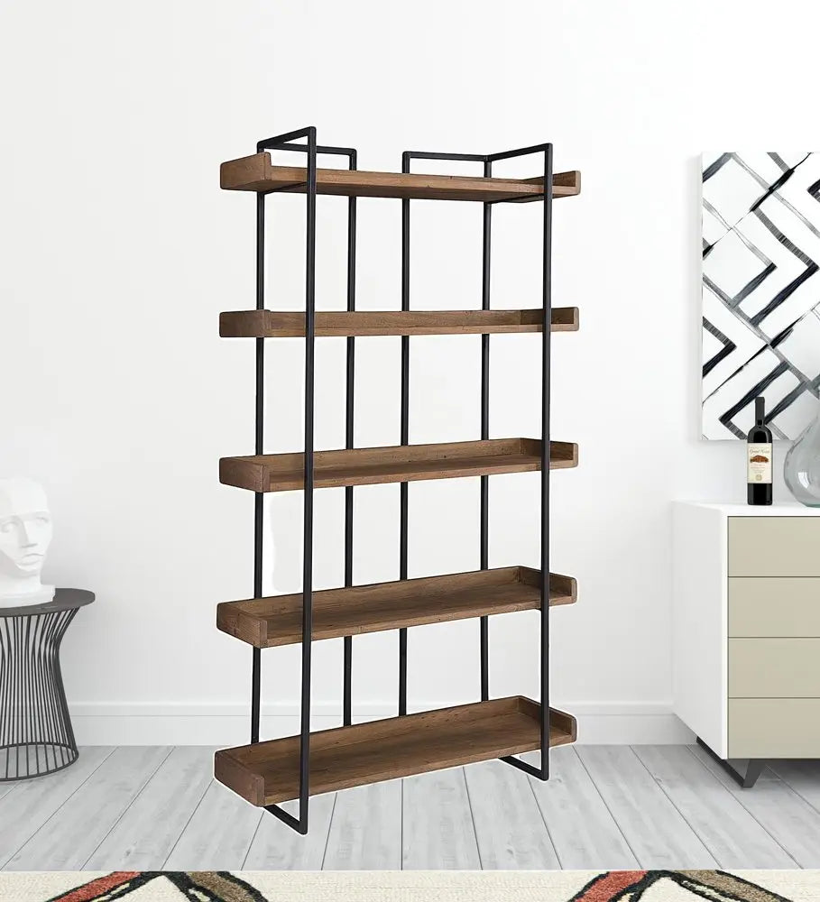 75" Brown and Black Metal and Wood Five Tier Bookcase HomeRoots