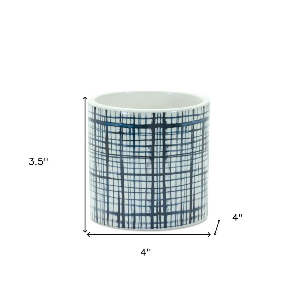 Set of Two White And Blue Ceramic Lattice 2 Ounce Round Pot Planters HomeRoots