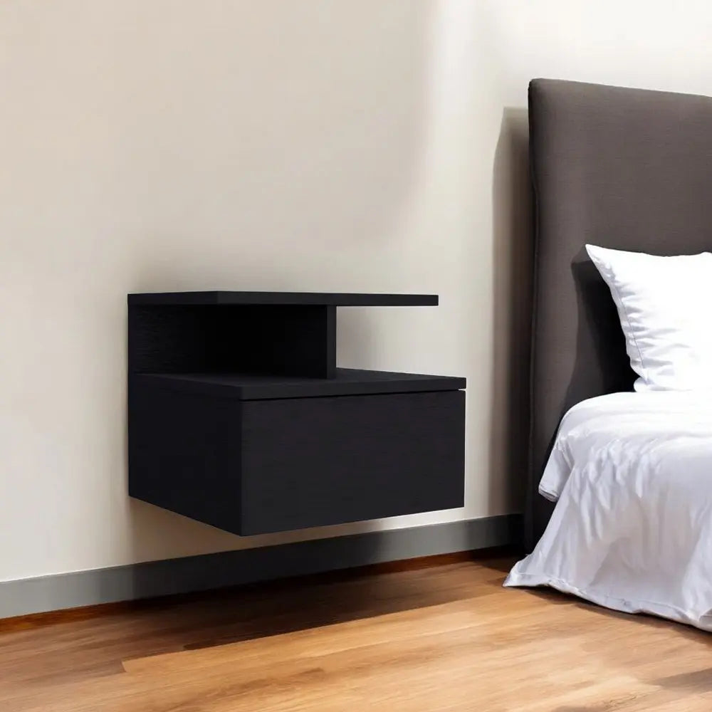 12" Black Wood One Drawer Nightstand with Integrated Tech HomeRoots