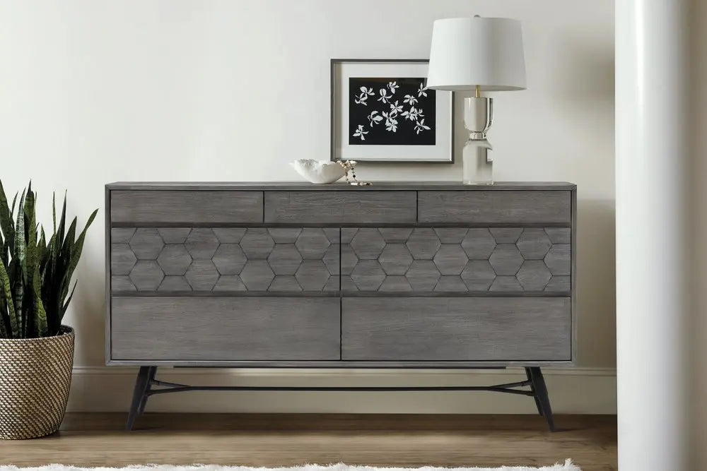 61" Gray Solid Wood Six Drawer Double Dresser HomeRoots