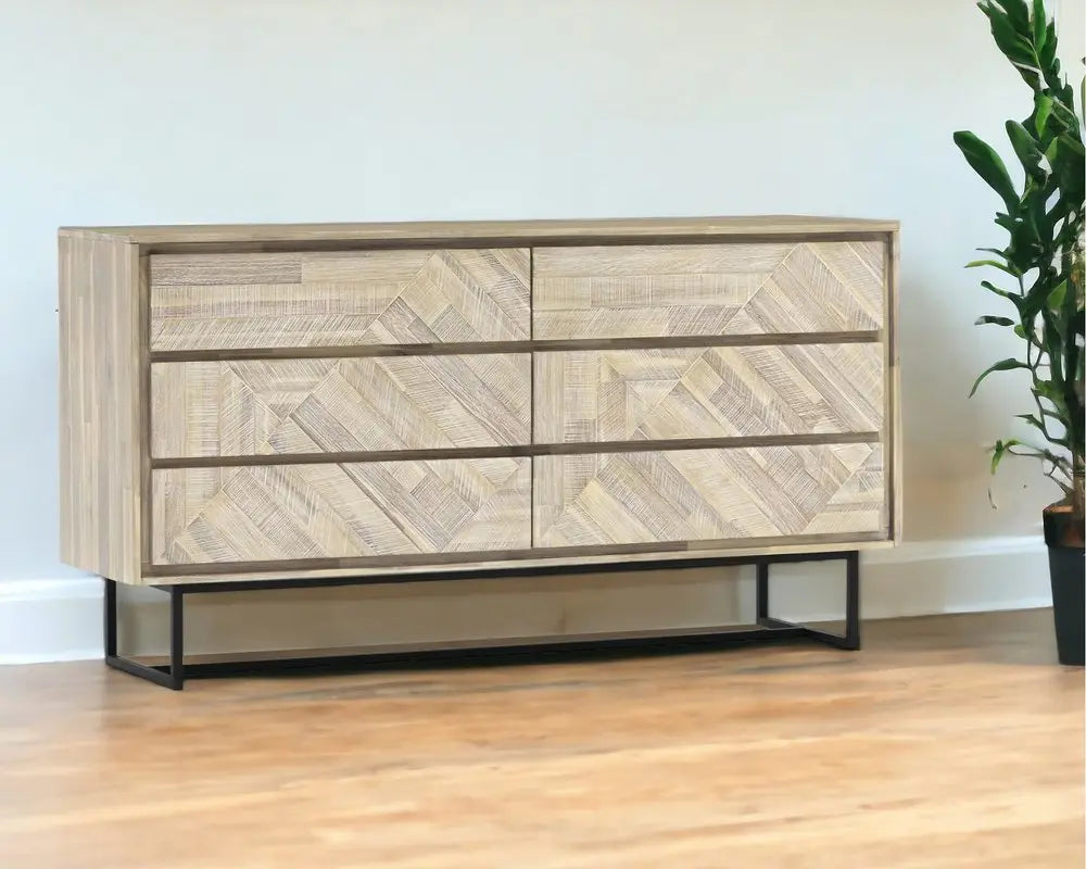 61" Natural Solid Wood Six Drawer Double Dresser HomeRoots
