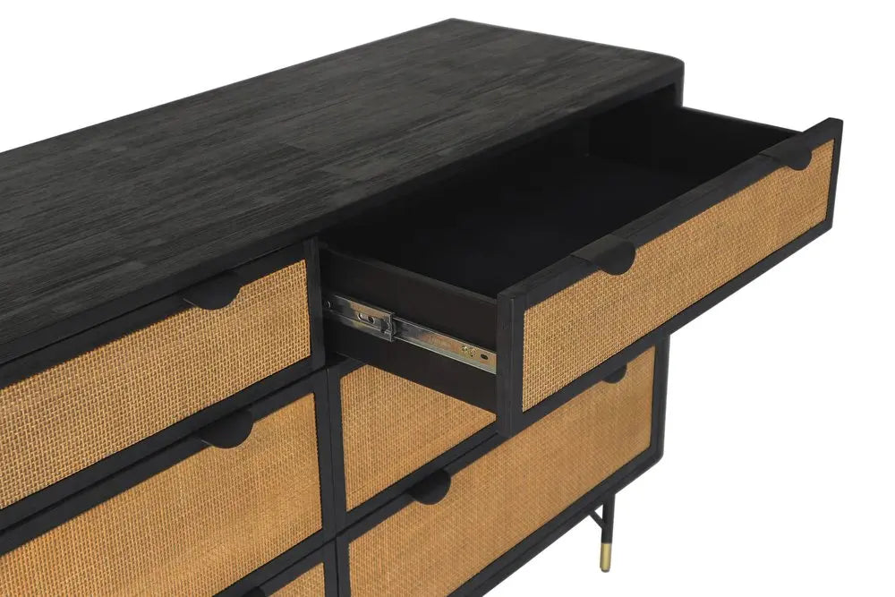 61" Natural and Black Solid Wood Six Drawer Double Dresser HomeRoots