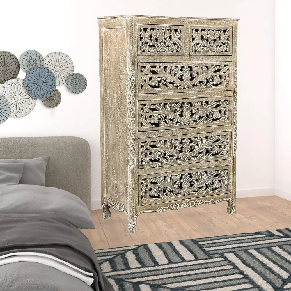 57" White Solid Wood Seven Drawer Dresser HomeRoots