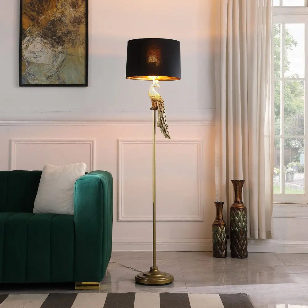 65" Gold And Black Floor Lamp With Black Fabric Drum Shade HomeRoots