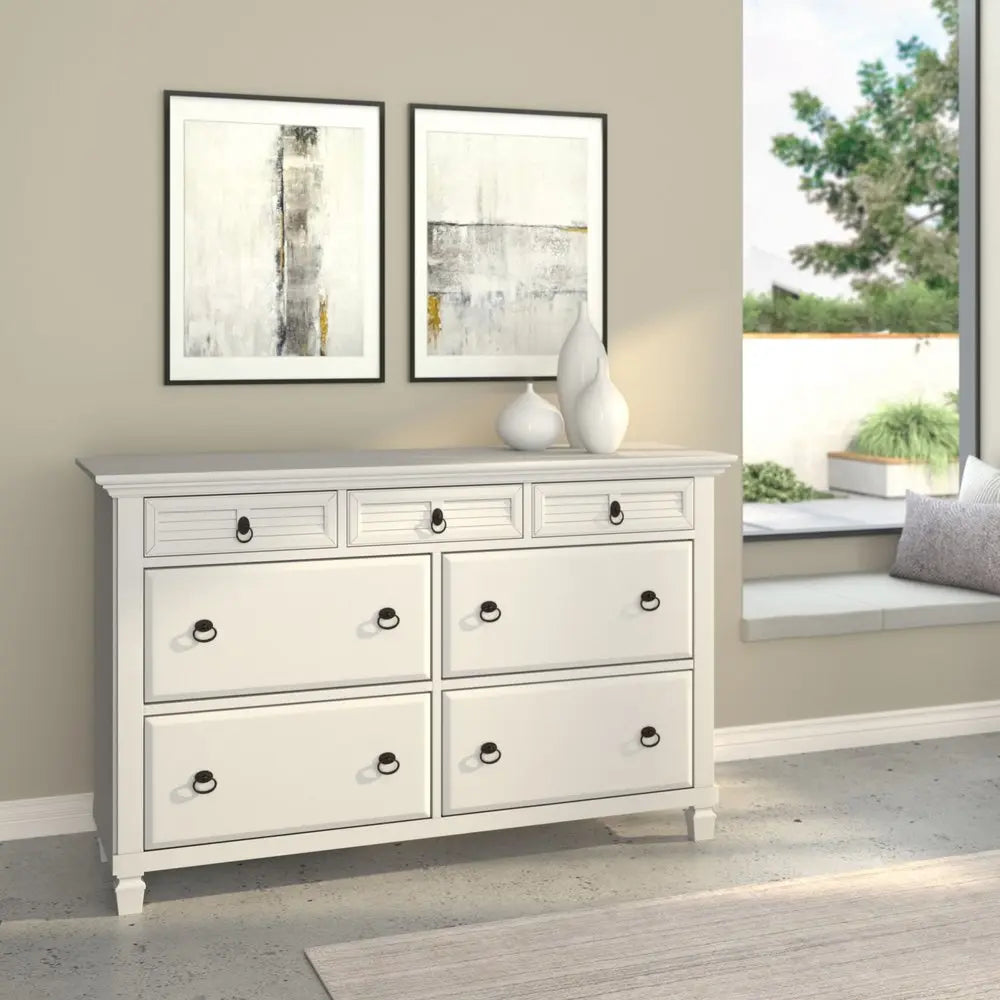 62" White Solid Wood Seven Drawer Double Dresser HomeRoots