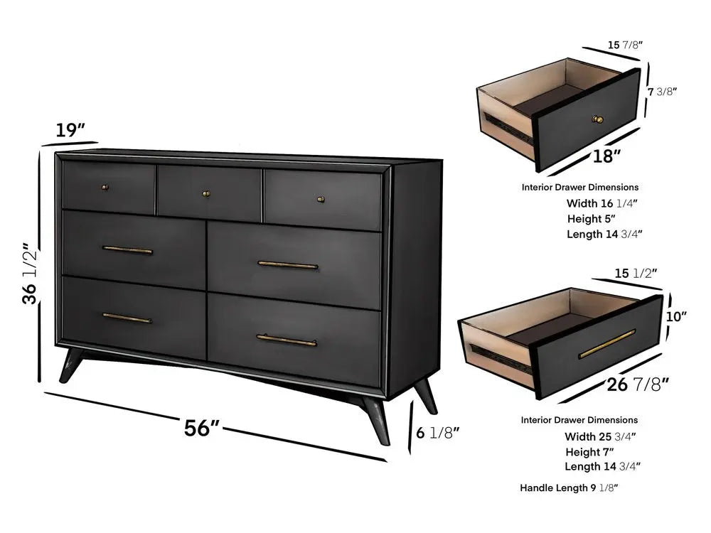 56" Black Solid Wood Seven Drawer Double Dresser HomeRoots