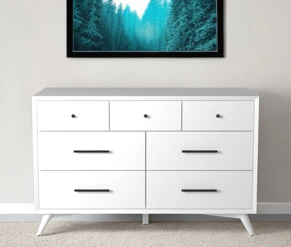 56" White Solid Wood Seven Drawer Double Dresser HomeRoots